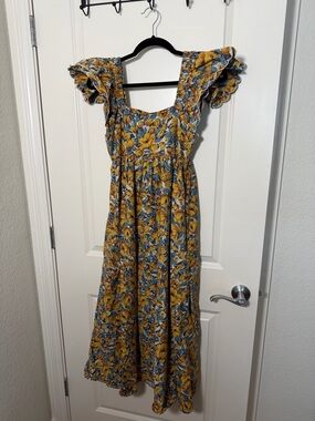 Anthropologie Yellow & Blue Floral Ruffle Midi Dress